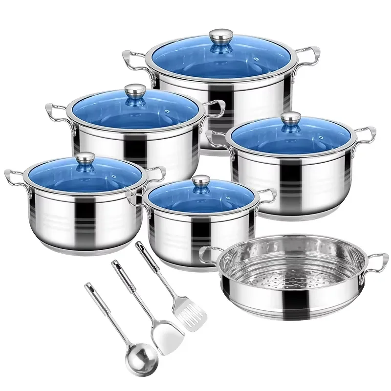 14pcs Casserole Set Stainless Steel Big Size Pot with Kitchen Utensil Set and Multi Size Steamer Bottom Heavy Pot