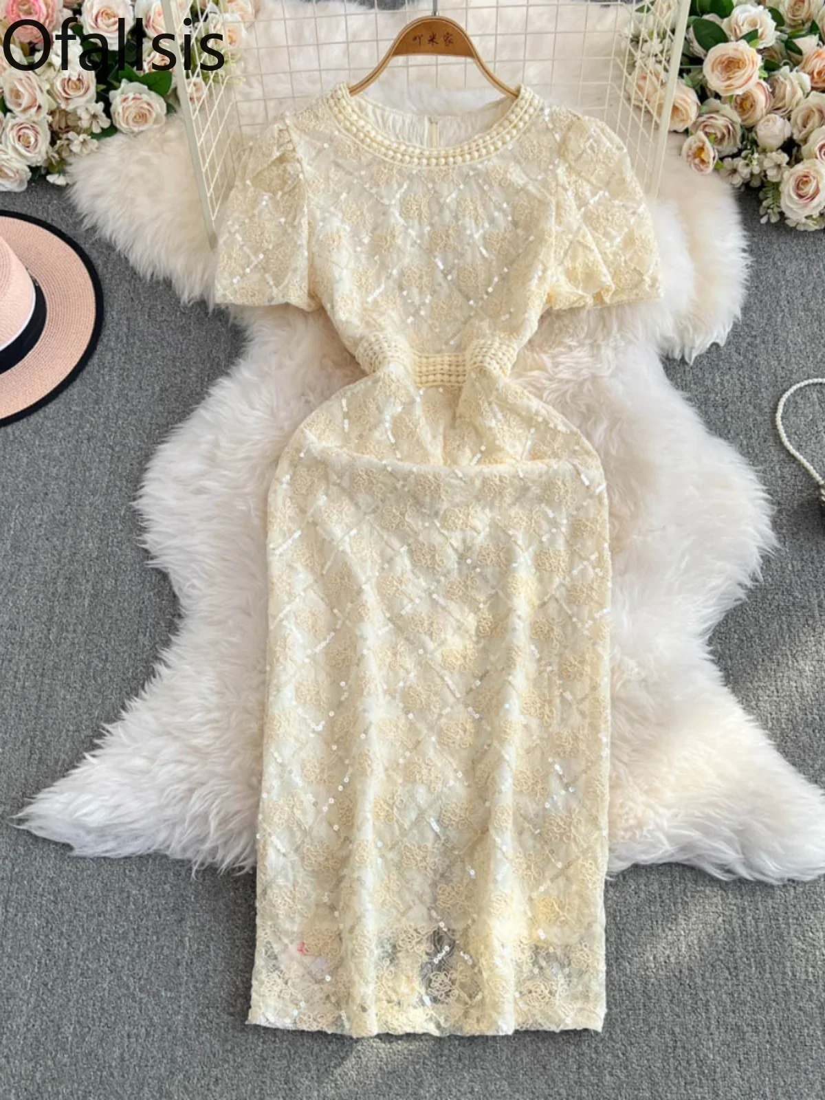 Ofallsis Fashionable French Style Light Luxury Temperament Socialite Style Lace Dress 2024 Summer Waist Slimming Long Dresses