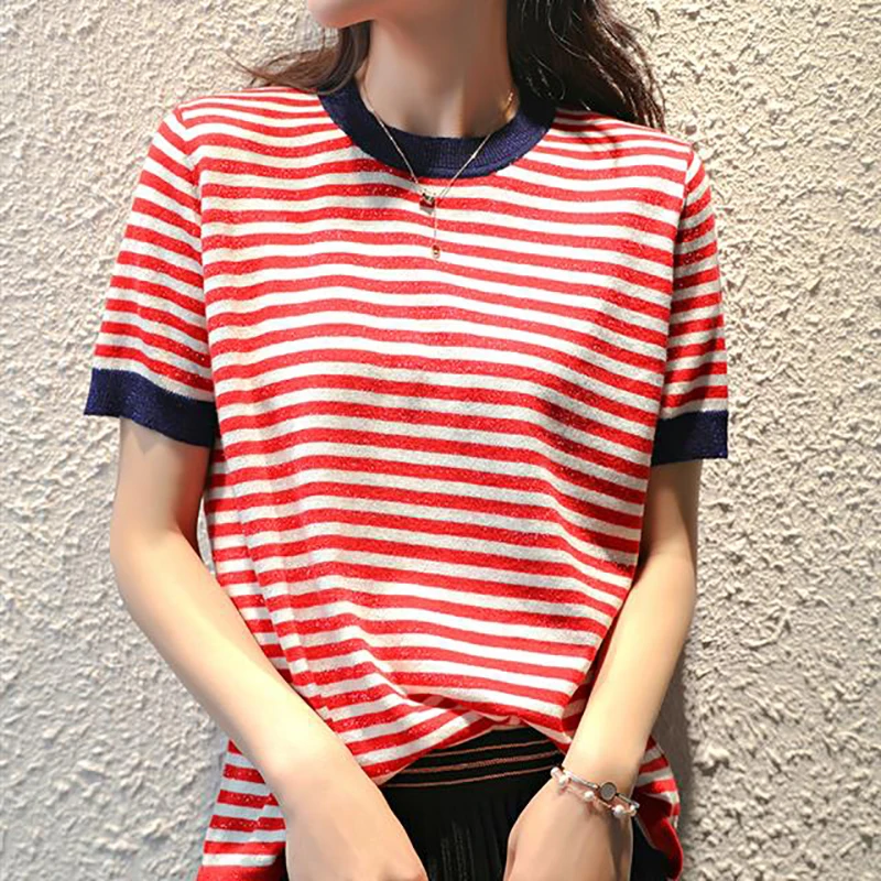 Camisetas Mujer Bright Silk Knitted T Shirt Women Short Sleeve Summer Tops Woman Clothes Striped Fashion T-Shirt Tee Shirt Femme