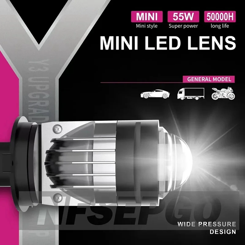 H4 LED Projector Headlight Bulb Dual LED Lens Mini Projector Laser Y3 Tri-Color High/Low  55W Turbo Fan