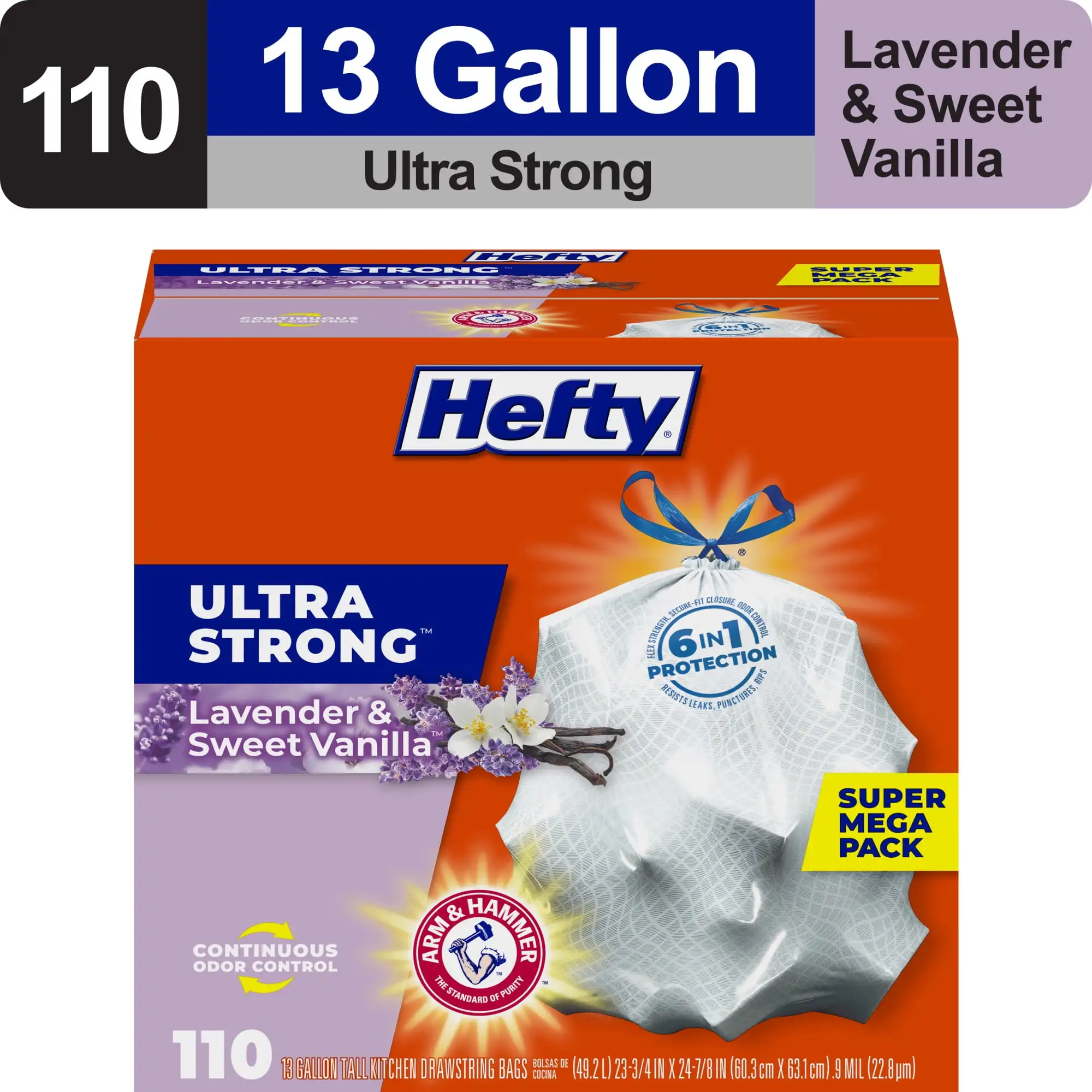 

Hefty Ultra Bolsas Basura Cocina 13 Gal (Altas, Extra Fuertes, Aromas Lavanda/Vainilla) – 110 шт.