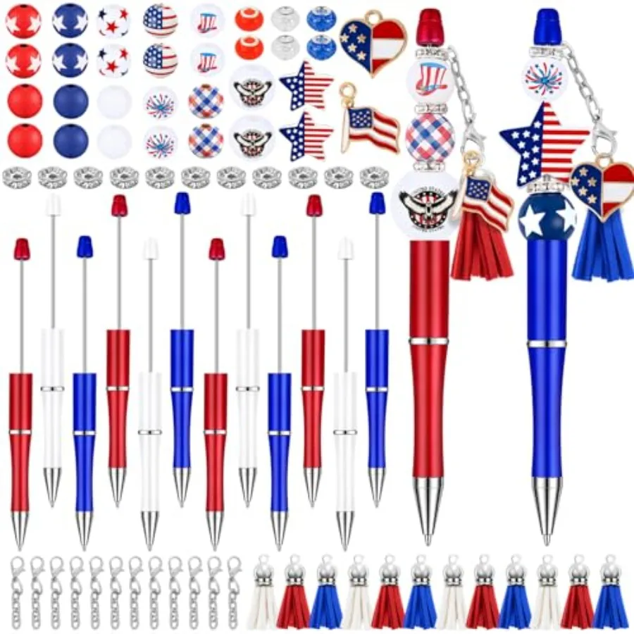 

12 Set Independence Day Beadable Pens, 4th of July Patriotic Bead Pens with Assorted Wooden Beads Pendants for DIY Present Stud