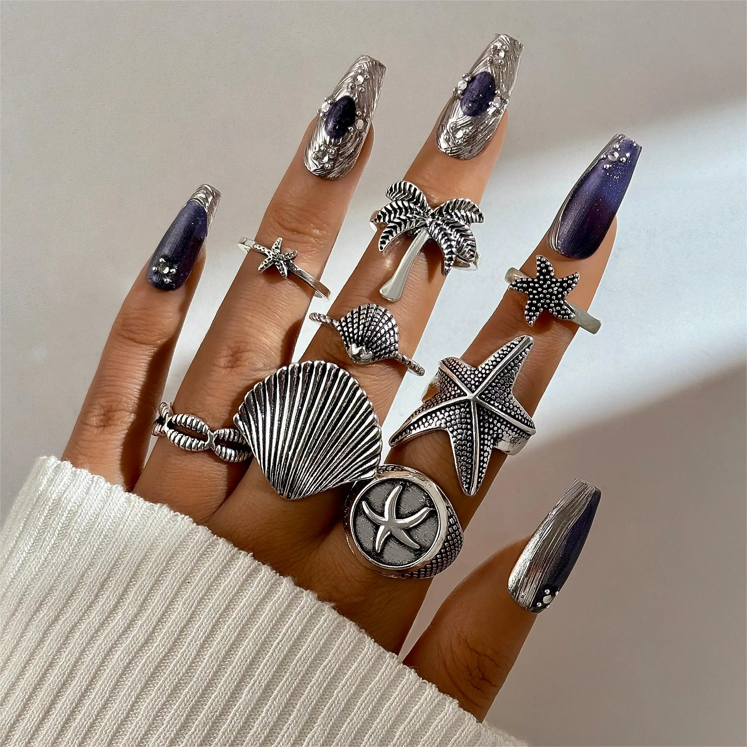 Tocona Vintage Silver Color Shell Starfish Ring Sets for Women  Sand Beach Coconut Tree Finger Rings Party Jewelry 8pc/set 26571