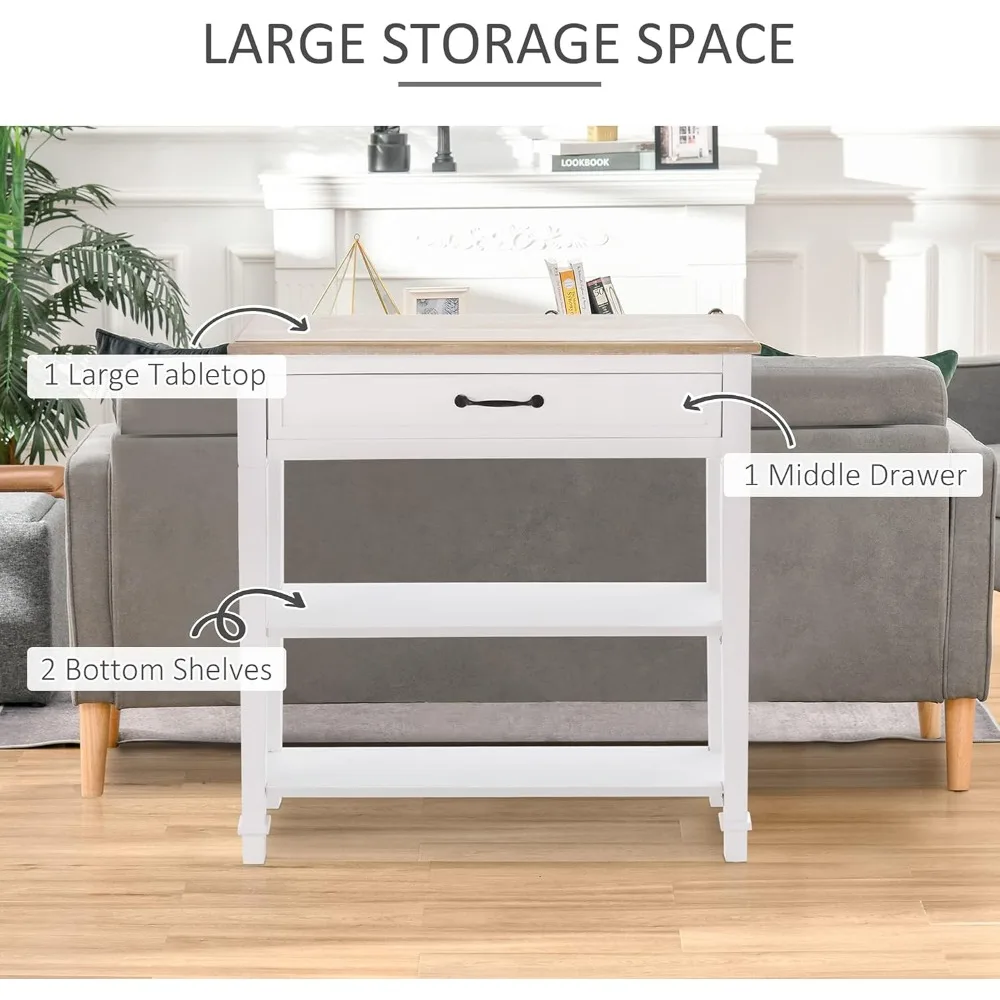 Modern Style Sofa Console Entry Hallway Table with Drawer and Shelves, Sturdy Build, and Large Storage, White