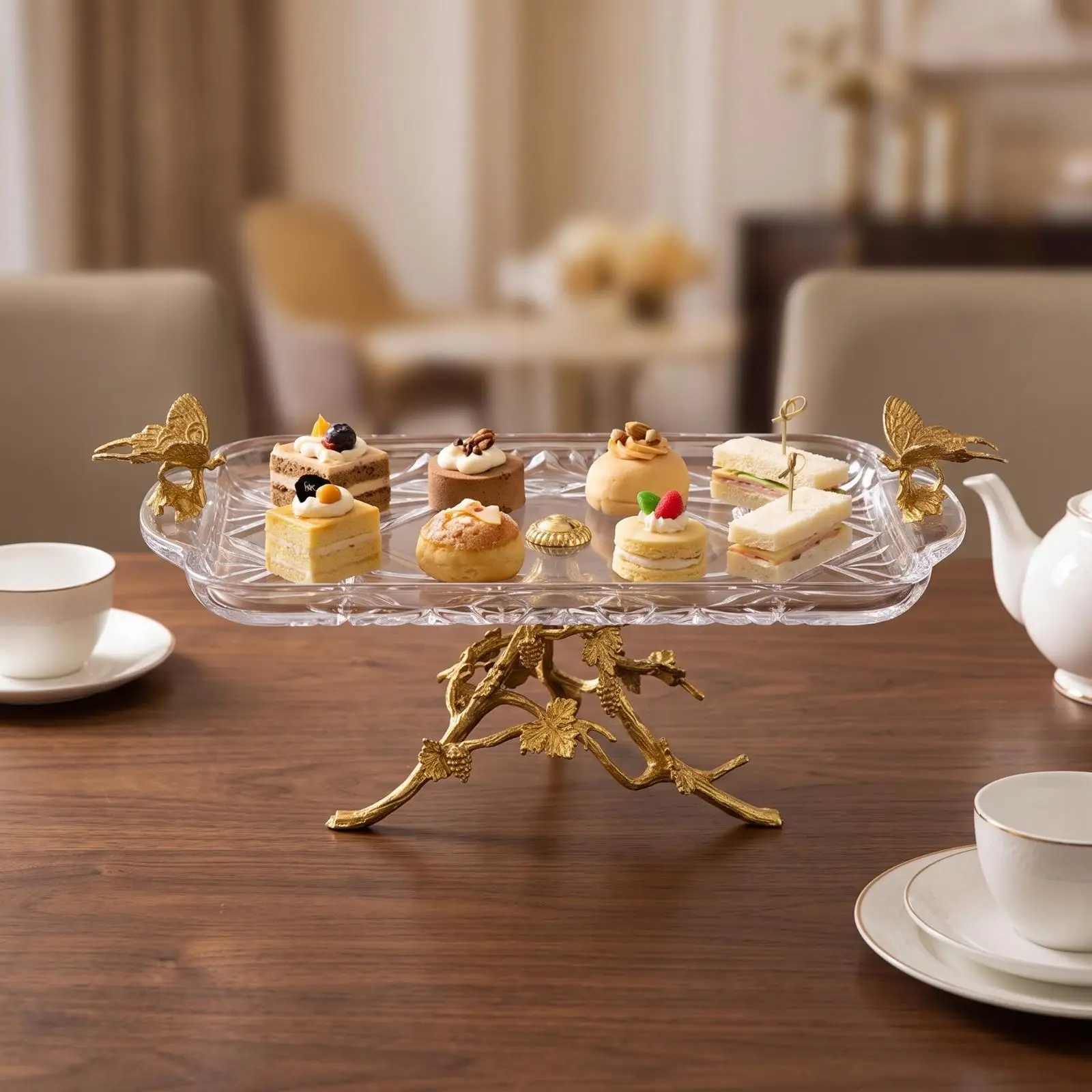 Faceted Glass Tray with Ornate Brass Frame for Fruit Display and Living Room Decoration
