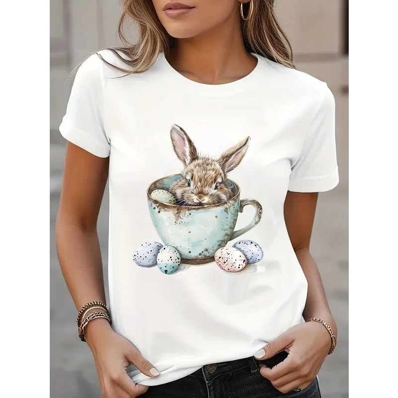 Easter Bunny Print Frühling/Sommer Casual T-Shirt Rundhals Kurzarm Sport T-Shirt Damen Rundhals Urlaub Trendy Top