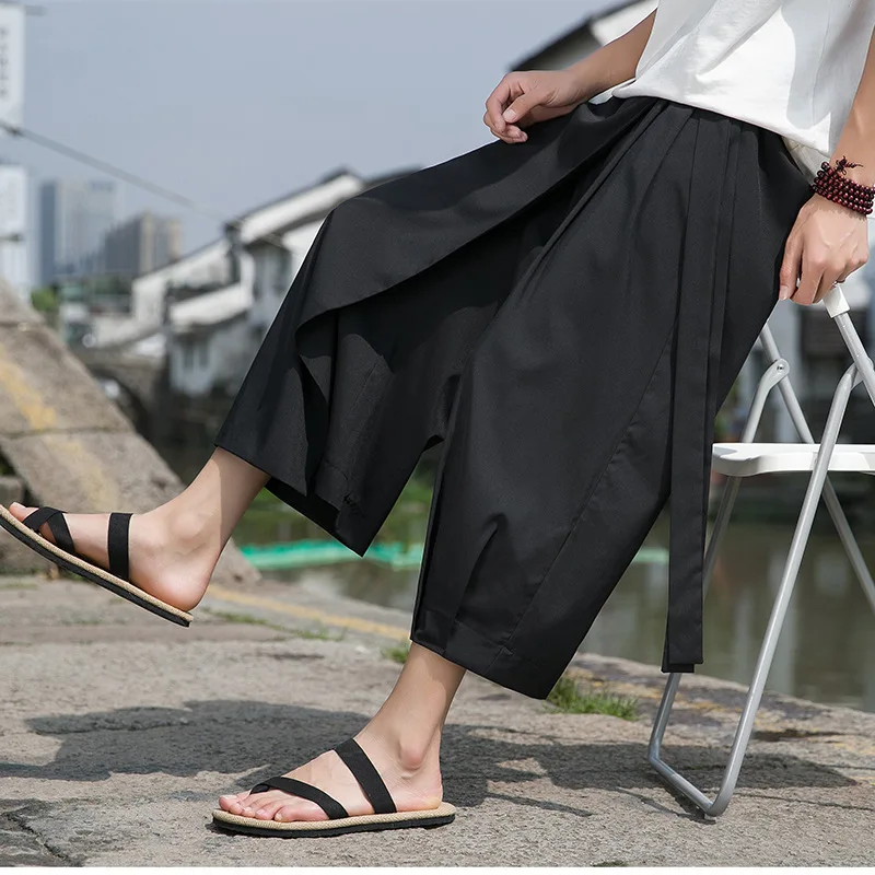 Summer New Men's Pants Black Chinese Style Men's Loose Black Samurai Pants Irregular Sense Culottes Straight Kendo Men's Pants