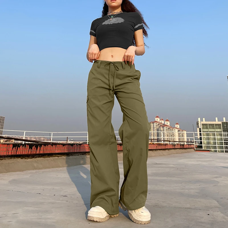 Women's Wide Leg Pants Army Green Button Closure Casual Pocket Pants Streetwear Straight Trousers Cargo Spring Autumn Pants