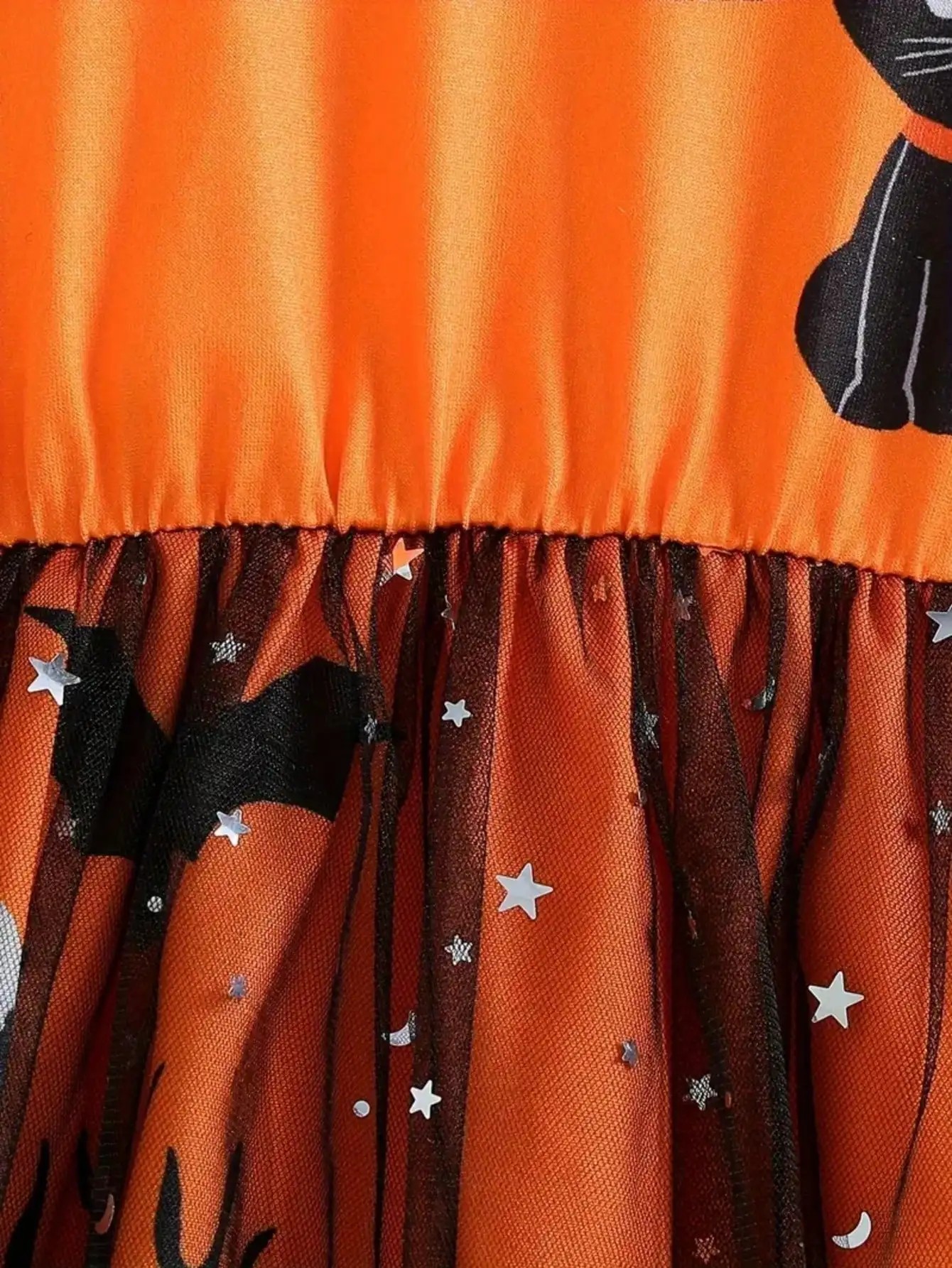 Halloween-Kleid für Kinder mit Katzenmuster, bequem, mit Rundhalsausschnitt, langen Ärmeln und einem Netzstoff-Ausschnitt an der Taille. – Detail 8