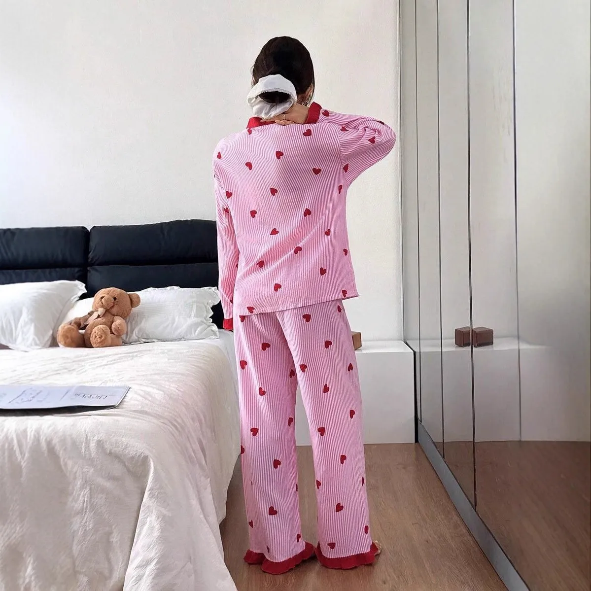 Heart Print Striped Long Sleeve Pajama Set With Pants For Women Two Piece Loose Fit Casual Autumn Spring