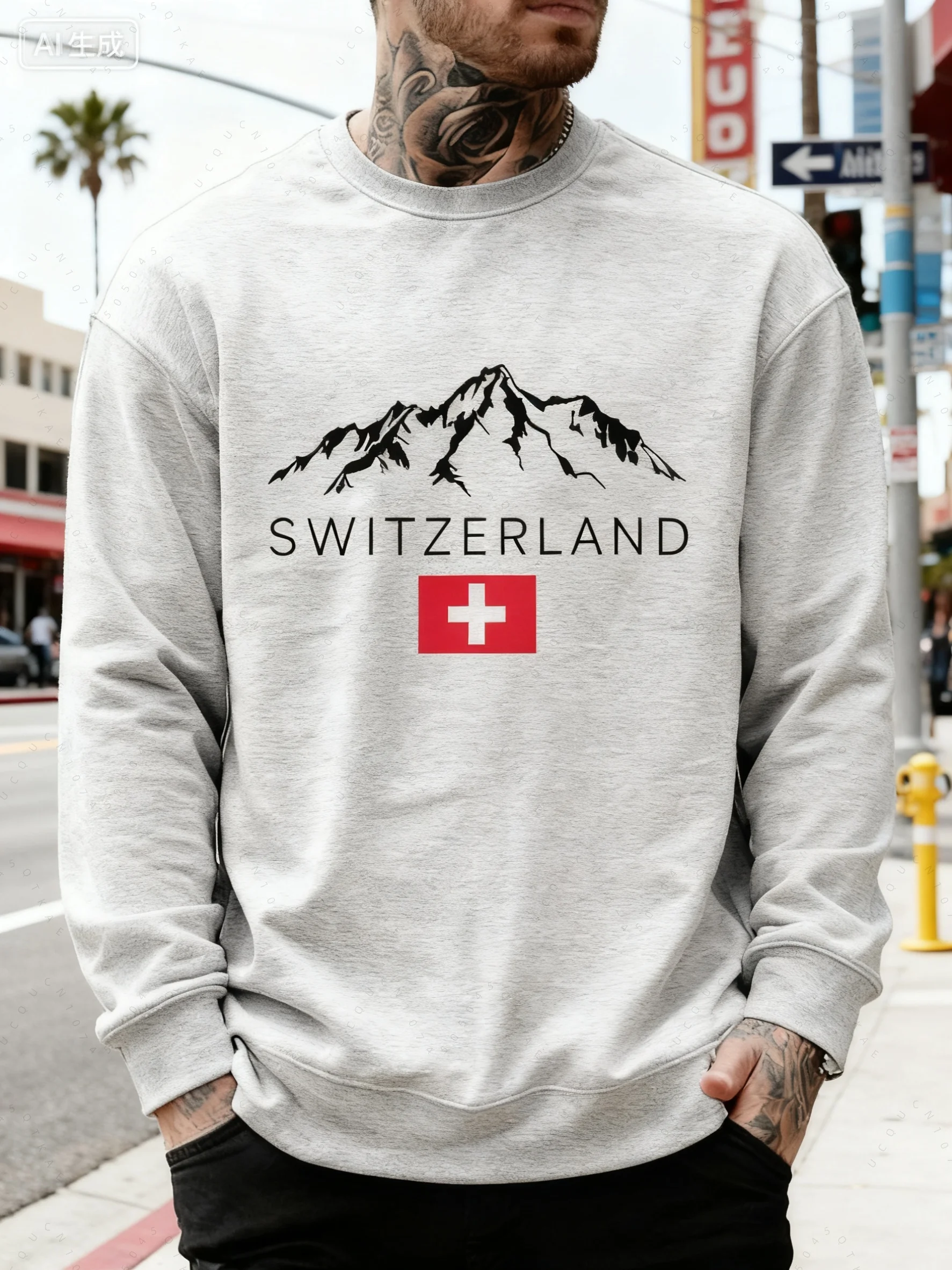 Sudadera holgada y cómoda informal con estampado de montaña nevada suiza para hombre, sudadera de manga larga con cuello redondo, Top con capucha para Otoño e Invierno