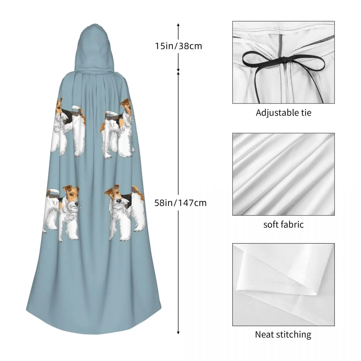 Retro Wire Haired Fox Terrier Design Long Hooded Cloak Witch Medieval Costume Cosplay Cape HalloweenParty Adult Unisex - view 3