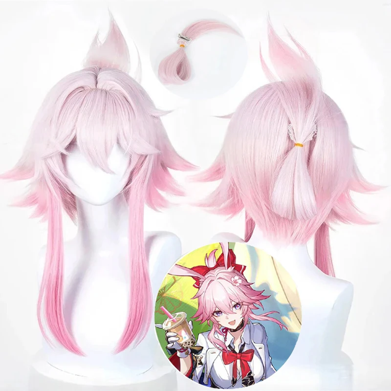 Game HSR Evanescia Cosplay Perücke 45 cm Rosa Farbverlauf Hitzebeständiges Kunsthaar Anime Frauen Halloween Rollenspiel Party Perücke