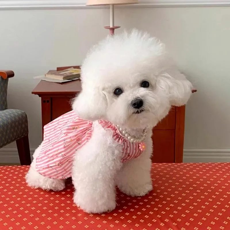 

Pink Yellow Pet Striped Teddy Dress Pet Dog Summer Clothes Bichon Frise Pretty Dress Puppy Soft Pullover Floral Dog Clothes