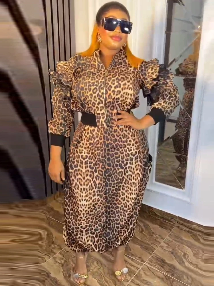 Dashiki Leopard Print African Clothing Plus Size Two Piece Set For Women Long Sleeve Shirt Skirt Suit Party Gown Ankara Outfits