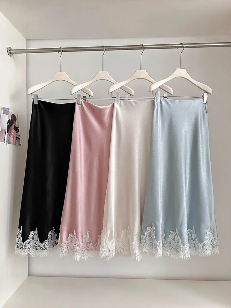 

French Elegant Satin Mermaid Skirt Women Spring Summer Lace Patchwork Pack Hip Long A-line Skirts Office Ladies