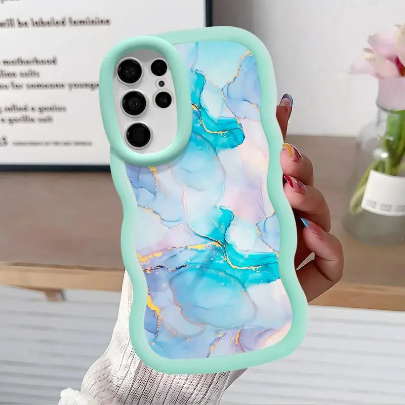 Luxury Purple Blue Marble Art Macaron Waves Phone Case for Samsung S24 S23 S22 S21 FE Ultra for Galaxy A50 A05 A04 Candy Cover