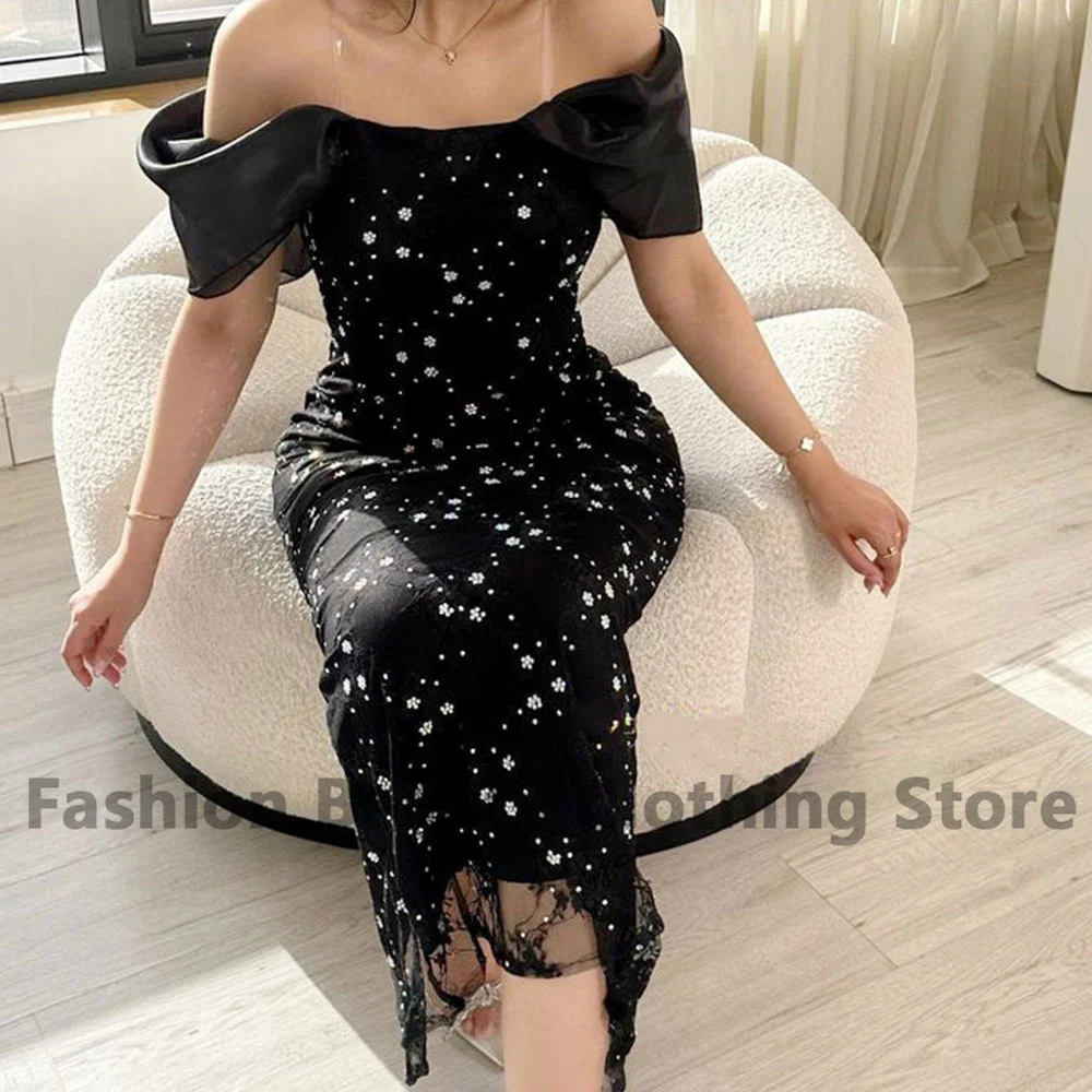 Exquisite Lace Party Gown Off The Shoulder Mermaid Strapless Saudi Arabia Women Tea-Length Vestido De Fiesta Elegante Para Mujer