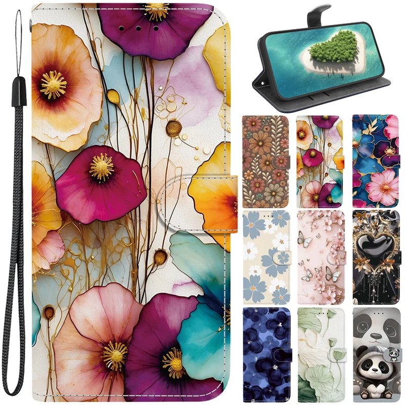 Retro Blumen-Hülle für Samsung Galaxy S26+ S25 Edge S24 Plus S23 S22 S21 FE Ultra Hülle Brieftasche Flip-Ständer Rückseite mit Trageriemen