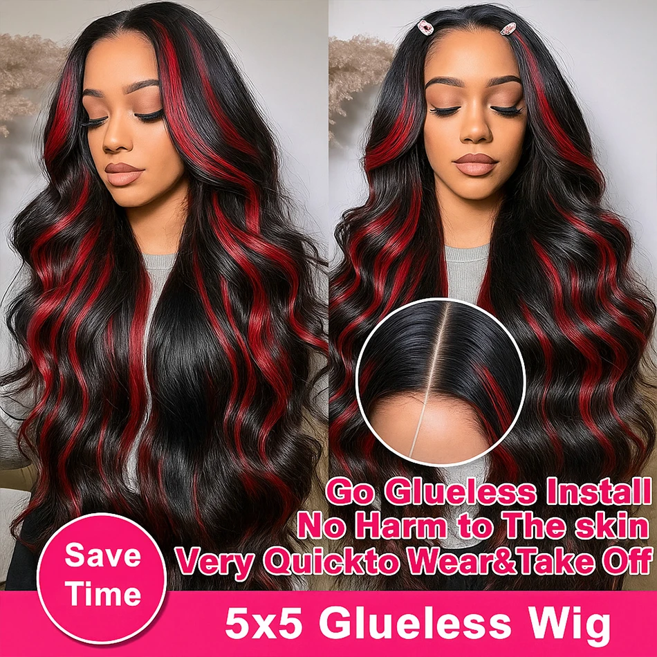 قبل قطع 5x5 شعر مستعار بدون صمغ ارتداء الشعر البشري والذهاب الجسم موجة بورجوندي تسليط الضوء على الباروكات 1B 99J أسود مع شعر مستعار أحمر اللون للنساء