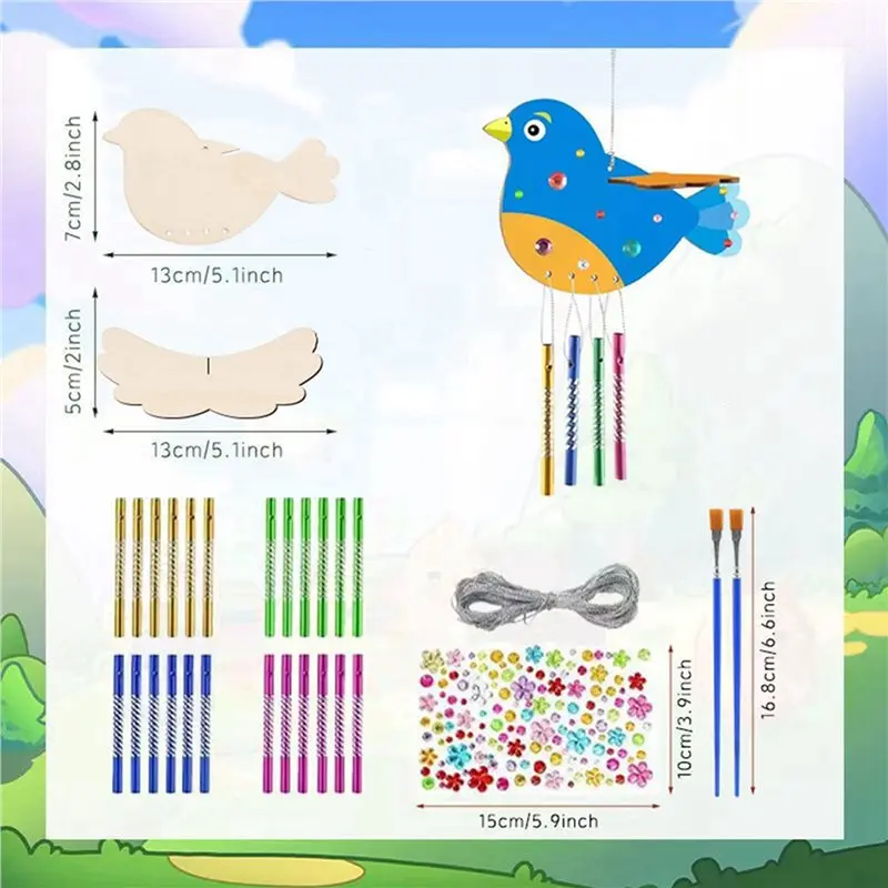 WORTHOWN-24 Pack 3D Bird Wind Chime Craft Kit For Kids,DIY Paint And Build Wooden Animal Crafts Set Birthday Gifts For Girls/Boy