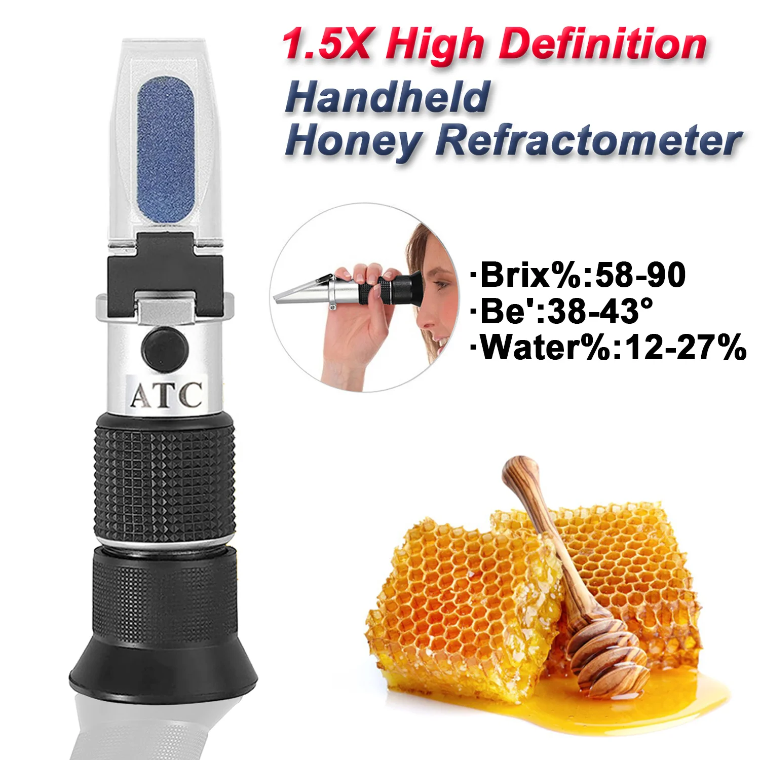 

1.5X HD Handheld Honey Refractometer 58-90% Brix Sugar Concentration Meter 38-43% Baume Degrees 12-27% Water Contents Detector