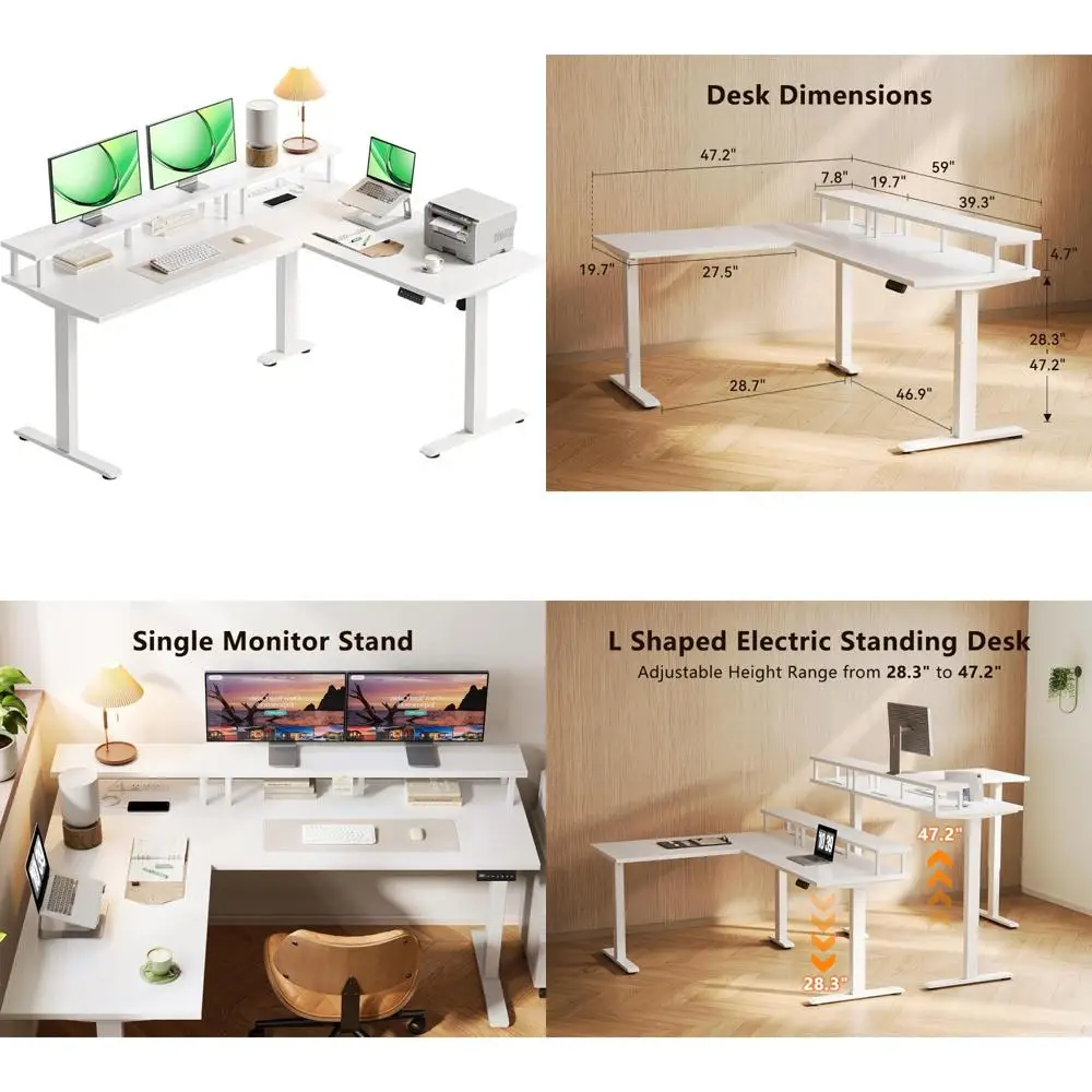 

59 Inch Electric L-Shaped Desk with Adjustable Height and Monitor Stand, Sit-Stand Office Desk with Power Outlet