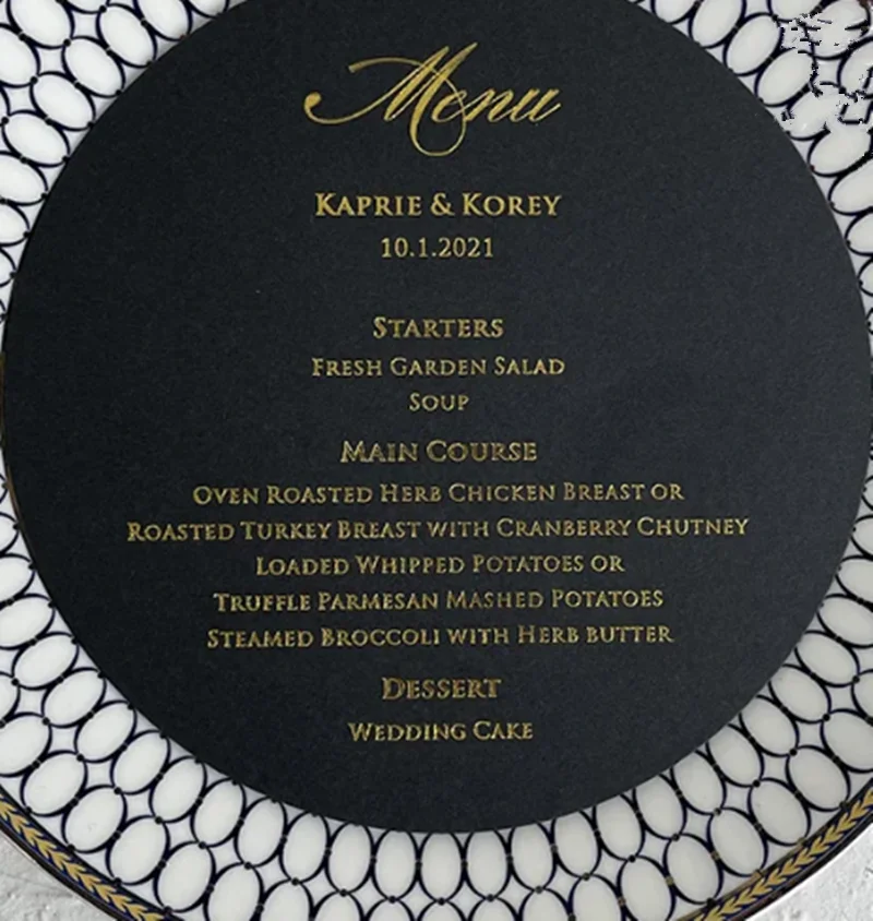 100 szt. Eleganckie, złote kartki menu z folią, wycinane laserowo, okrągłe, czarne kartki papierowe na talerze, kartki na miejsca, próbki kart programu ślubnego.