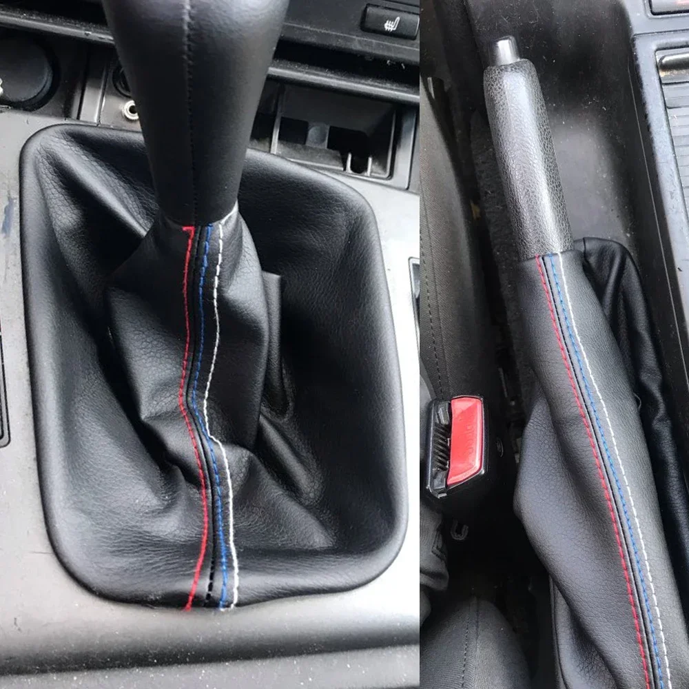 For BMW 3 Series E36 E46 M3 2-Piece Set Black Leather Car Gear Shift Dust Cover Handbrake Cover Interior Accessories