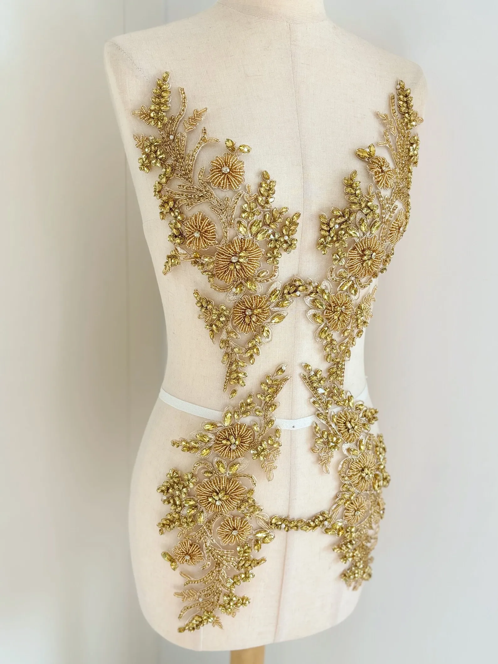 Heavy Gold Flowers Rhinestone Applique Crystal Bodice Patch,Bead Applique For Couture And Dance Costume