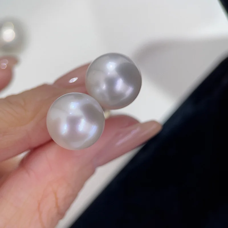 

925 Silver Simple Style Women's Earrings Real Sea 11-12mm Round Pearl Stud Earrings Fashion Jewelry Accessories