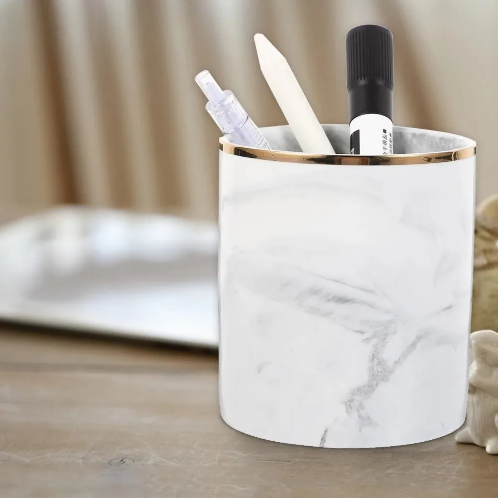 Marble Ceramic Pen Holder European Style Smooth Finish Stationery Holder Golden Pink Non Slip Desktop Organizer