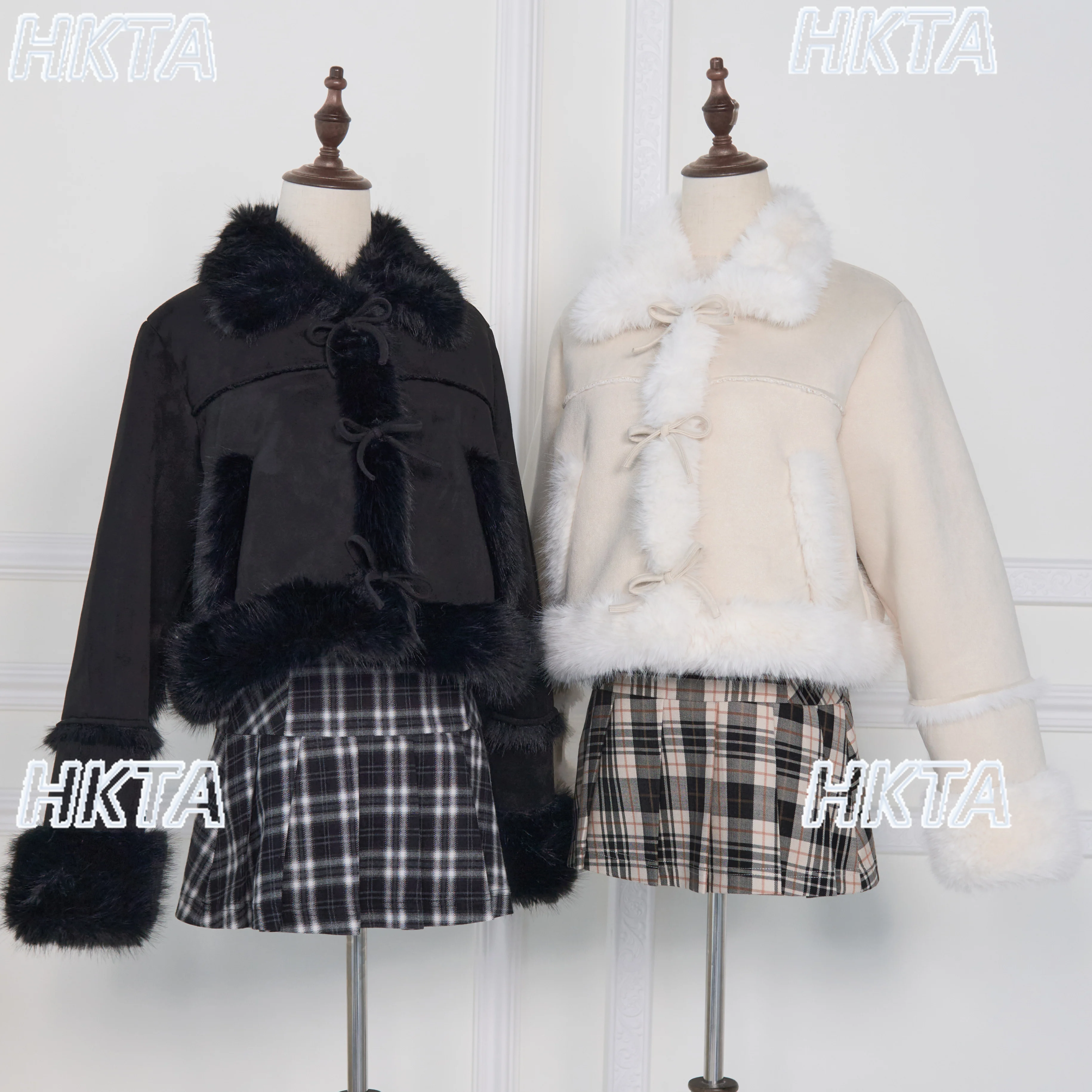 

Japanese Mass Producted Thickened Fur Stitching Black Quilted Coats Winter New Warm Commuter Bow Strap Short Woolen Jacket Women