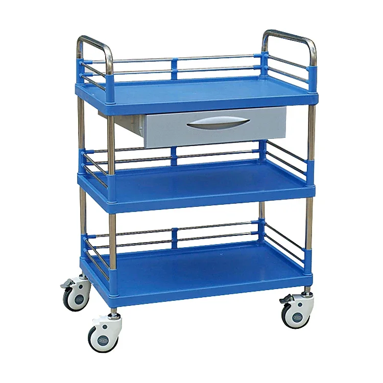 Cheap price Hebei factory hospital use 3 tiers abs plastic medical treatment trolley cart with drawer