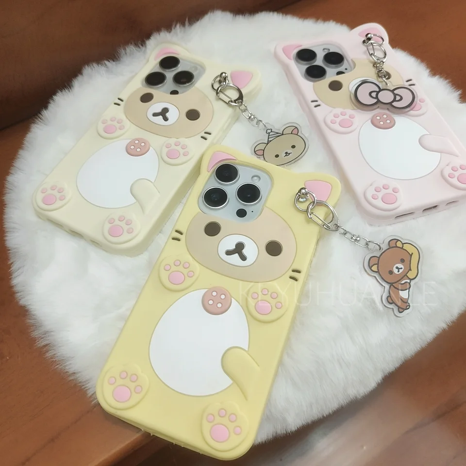 Funda linda con oso 3D de dibujos animados para iPhone 17 16 15 14 13 12 11 Pro X XS Max XR 6 7 8 Plus 5 5S SE, con llavero colgante 5