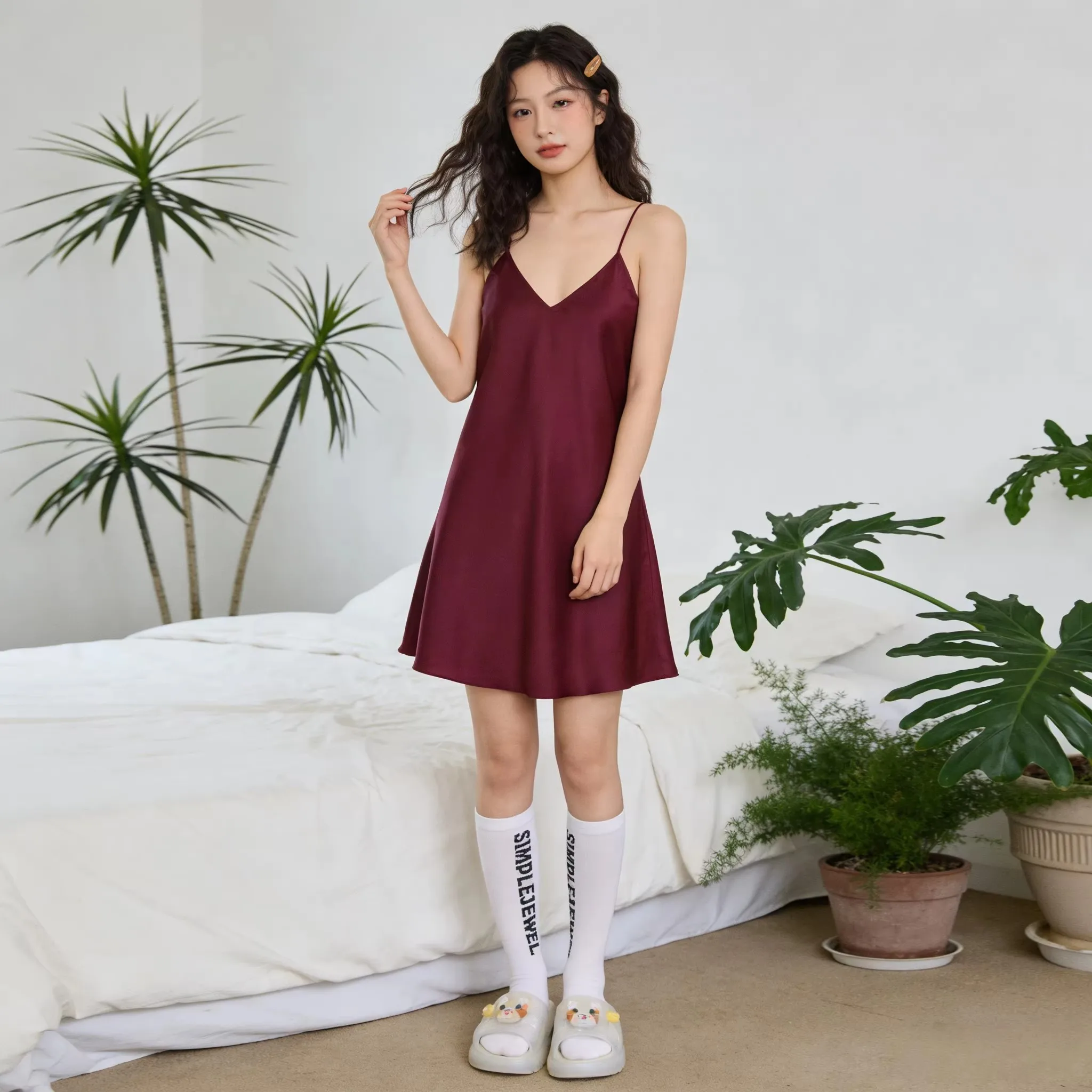 Classic V-neck Spaghetti Strap Satin Night Dress, Everyday Comfy Bedroom Loungewear