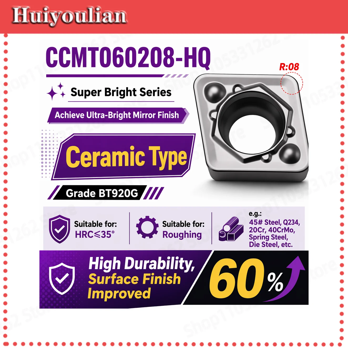 Industrial High Hardness Ceramic Super Bright CNC Boring Insert CCMTO60208-HQ Roughing HRC0-35