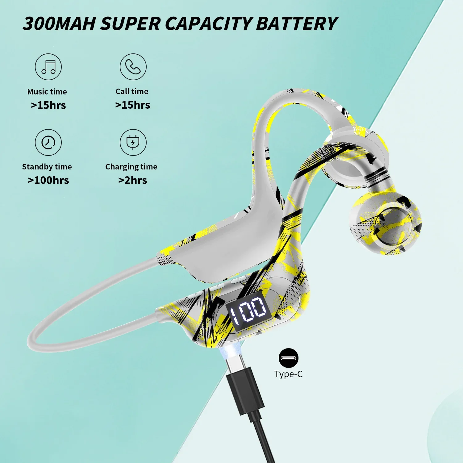 

Graffiti Style MP3 Bone Conduction Headphones, Wireless Bluetooth 5.3 Neckband Earphones, TF Card Playback, for Sports & Gaming