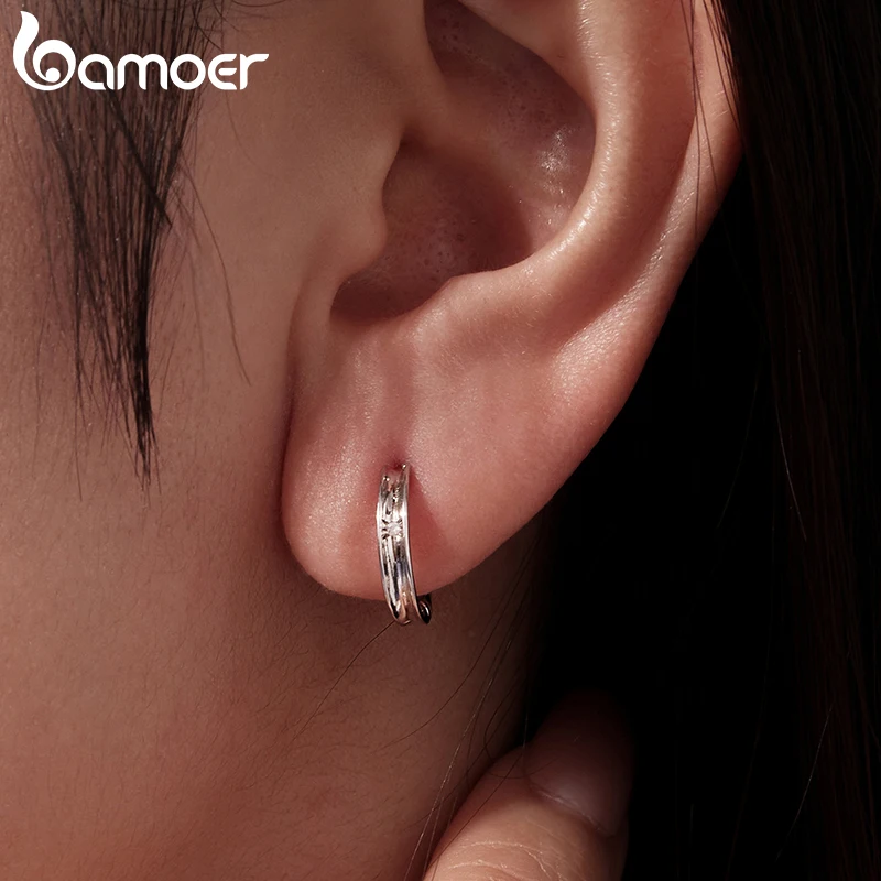 

Женские серьги-кольца BAMOER из стерлингового серебра 925 пробы со звездным светом и цирконием, минималистичные серьги-кольца с трубчатым каналом для хряща, декор