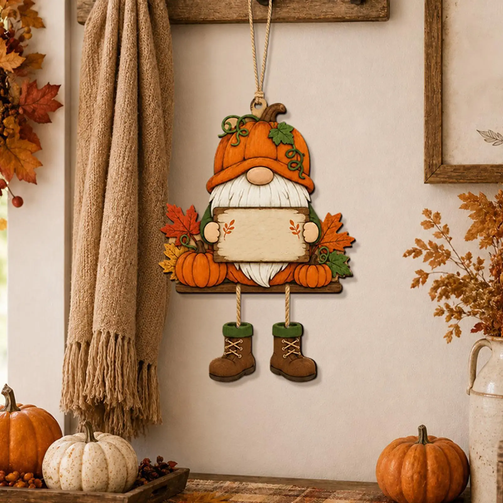Pumpkin Maple LeafDwarf 2D Wooden Hanging Sign Retro Pastoral Fall Harvest Wall Autumn Thanksgiving Front Door Ornament Holiday