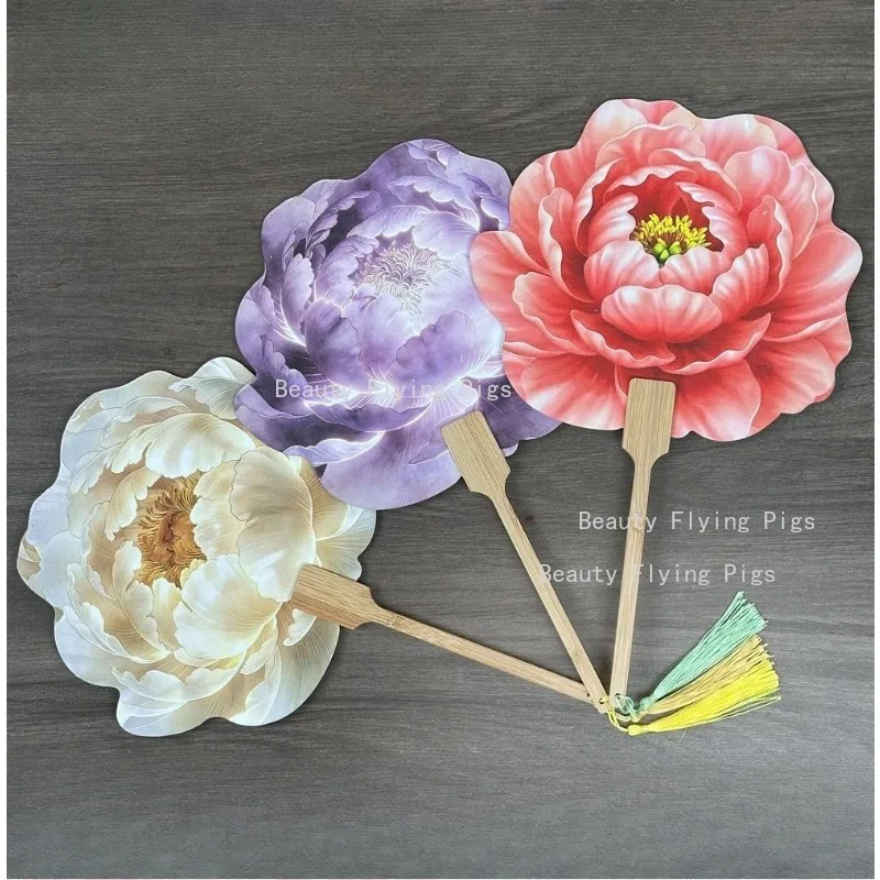 10PCS Chinese Peony Shaped Fan Bamboo Handle Tassel Fan Flower Round Fans Wedding Party Role-playing Props Decorative Hand Fan