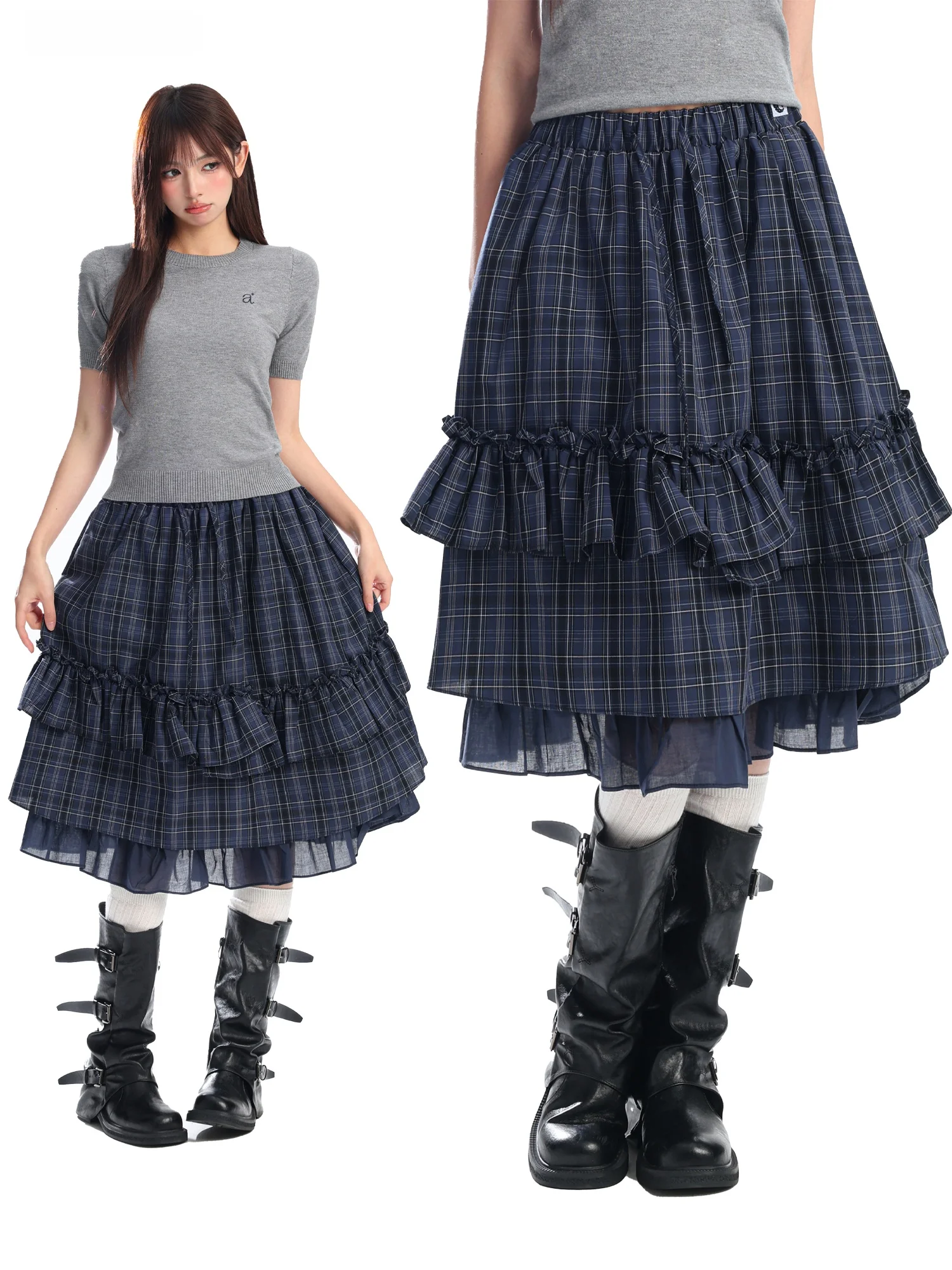 

Blue Plaid Puffy Mid-Length Half Skirt Women's Small Size High Waist Slimming Lace Trim Cake Skirt Casual Style Printed Fabric