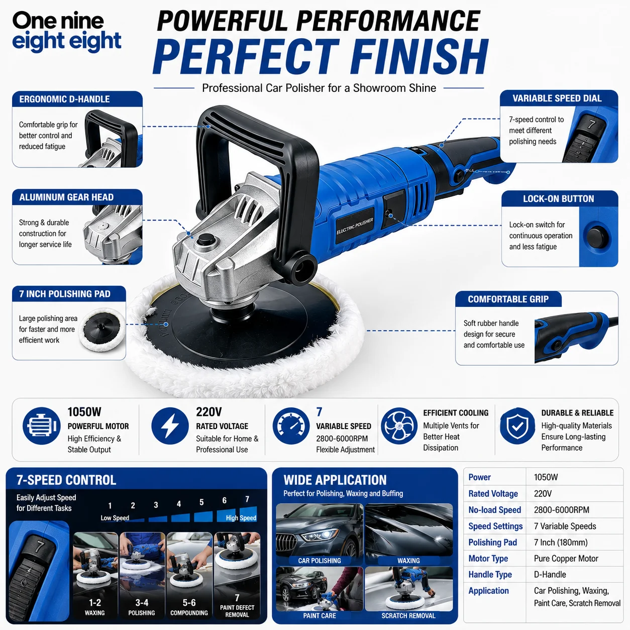 1050W Car Polisher 7 Inch 180mm 7 Speed Variable Speed Electric Buffer Polishing Waxing Machine for Car Paint Auto Detailing DIY