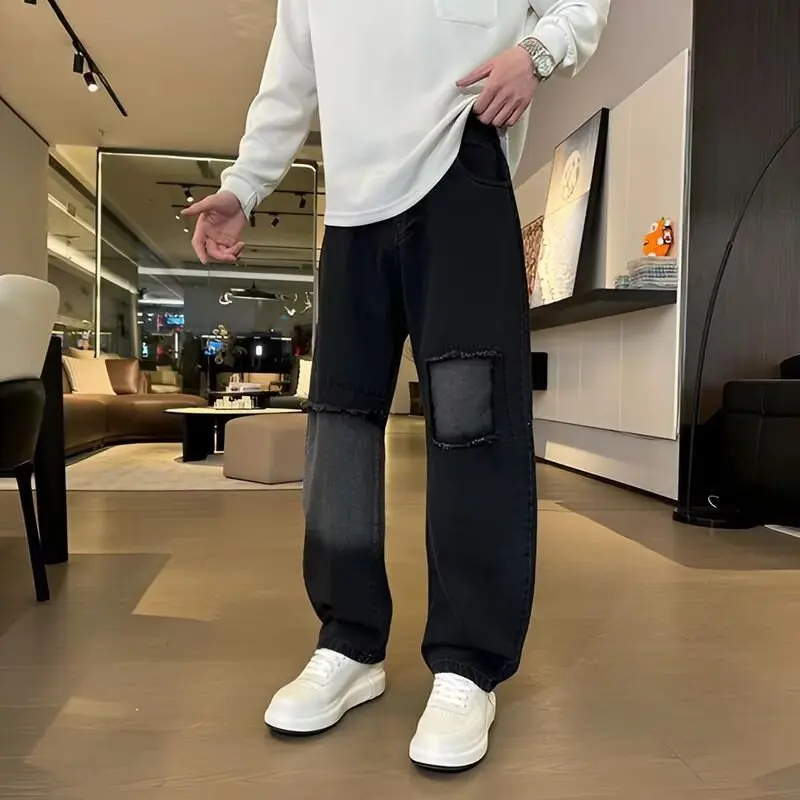 

Spring and Autumn New Style American Rascal Handsome Retro distressed distressed patchwork black jeans men's straight leg loose