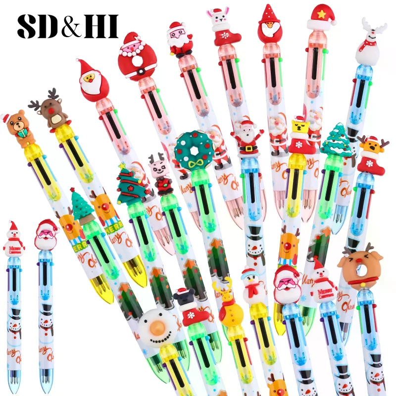 

24 шт. рождественские разноцветные шариковые ручки 6 в 1, выдвижные ручки для студентов, милые мультяшные сувениры для рождественской вечеринки, офисные принадлежности