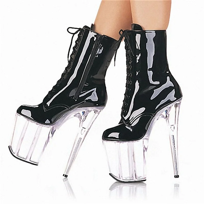 

​20CM Platform Lace-Up Boots Black, Patent Leather Stiletto Heels with Clear Sole, Extreme Height Performance Shoes​