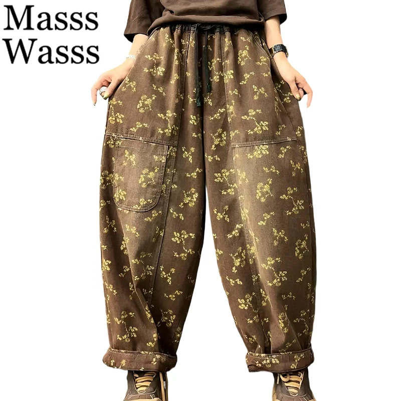 

Mass Wasss 2025 Осенние свободные брюки-шаровары с принтом, женские винтажные классические свободные джинсовые брюки с цветочным принтом, женские джинсы для отдыха и фитнеса