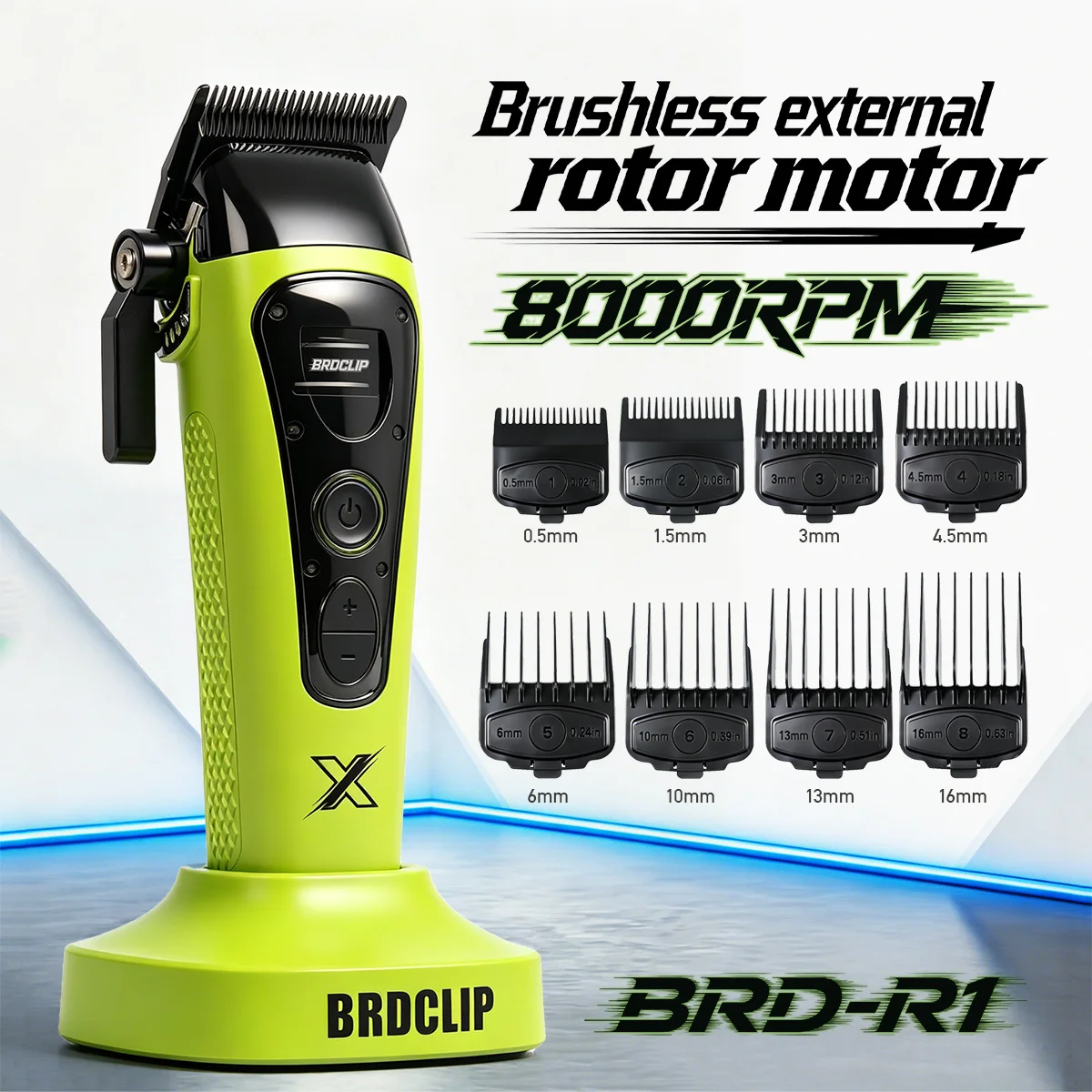 brdclip-r1-green-new-external-rotor-7000-7500-8000rpm-brushless-motor-professional-electric-hair-clipper-dlc-blade-with-base-bar