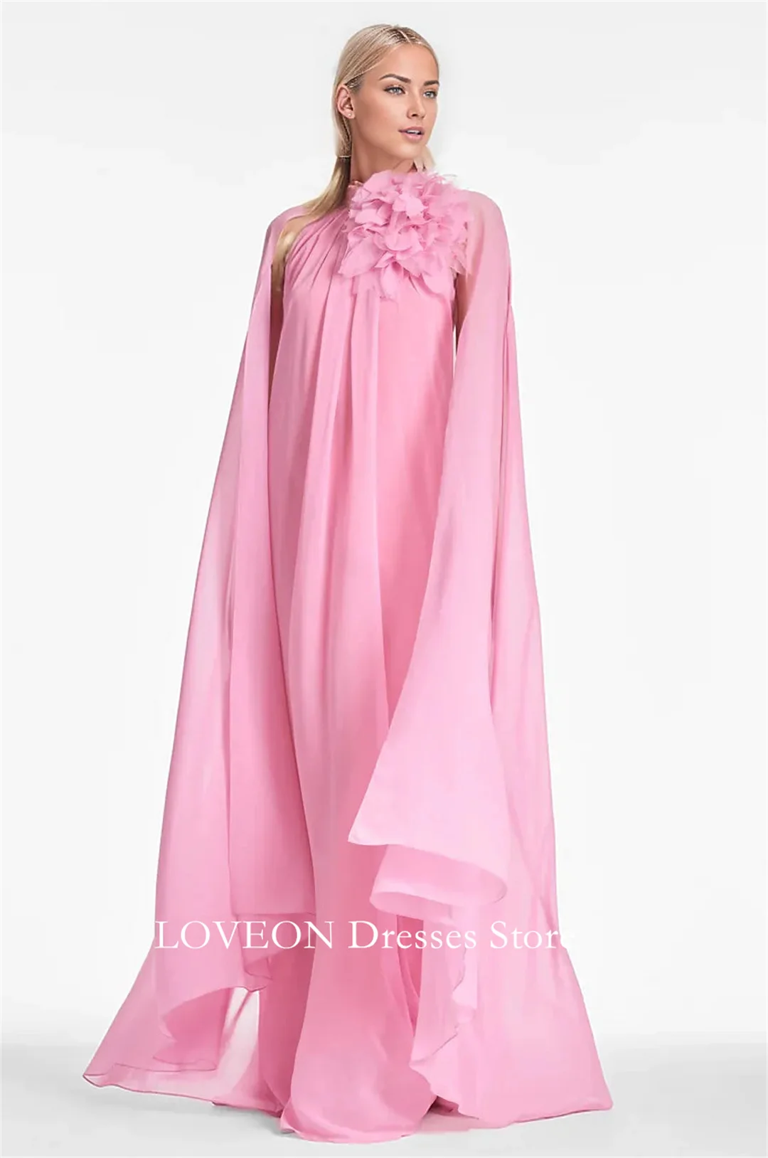 Customized Dubai Pink Formal Dress Prom Party Chiffon Flower Full Sleeves Evening Gowns for Women Formal Bridesmaid Dress