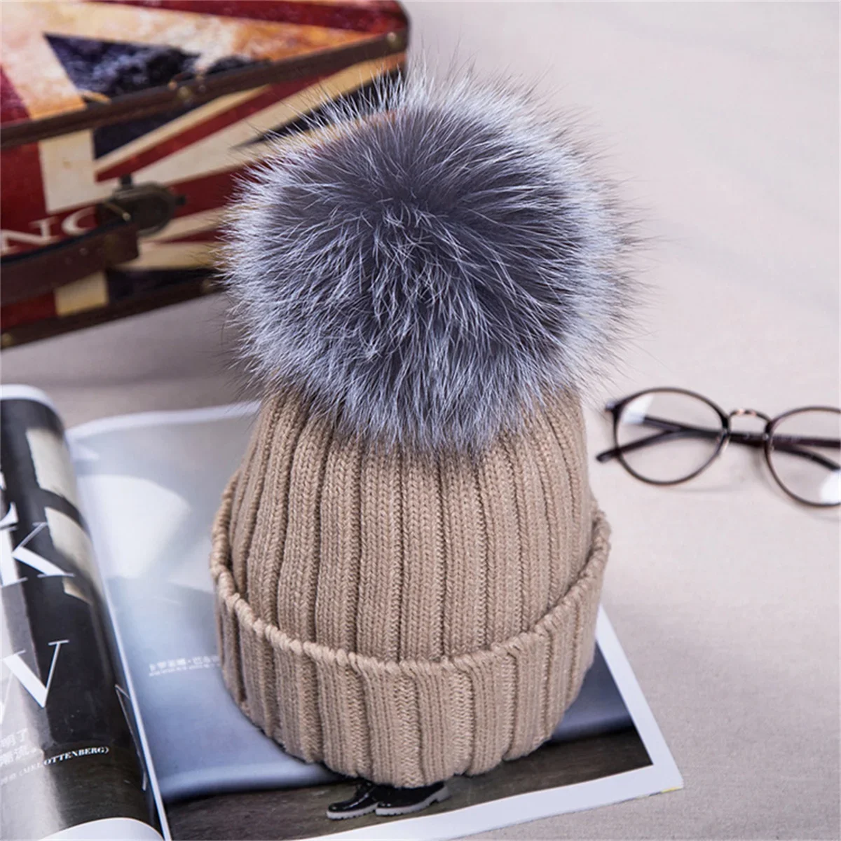 15 Colors Grey White 15cm Real Fox Fur Ball Autumn Winter Women Curled Knitted Big Pompon Hat Korean Wool Children Hat